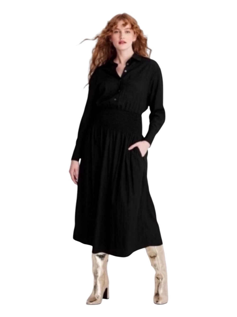 Future Collective - NWT - Long-Sleeve Black Smocked-Waist Midi Dress